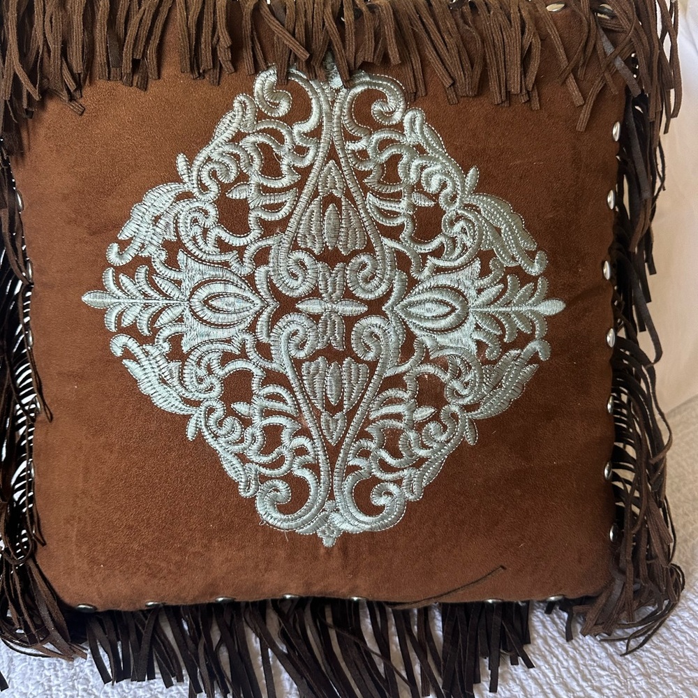 Elegant Brown Pillow with Cream Embroidery and Fringe